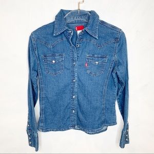 denim blouse with pearls